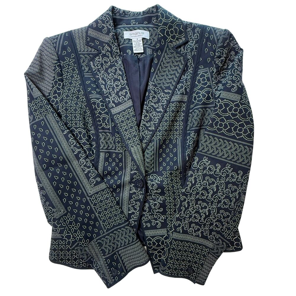 Emanuel Ungaro Women’s Patchwork Print Blazer Navy White Cotton Spandex Size 8